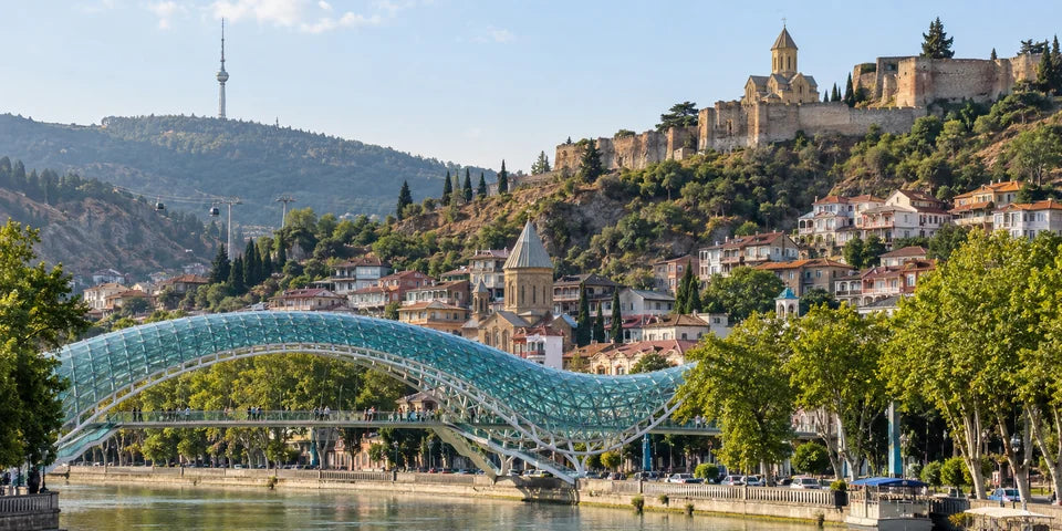 The curved glass Peace Bridge spans the Mtkvari River beside Tbilisi's Old Town