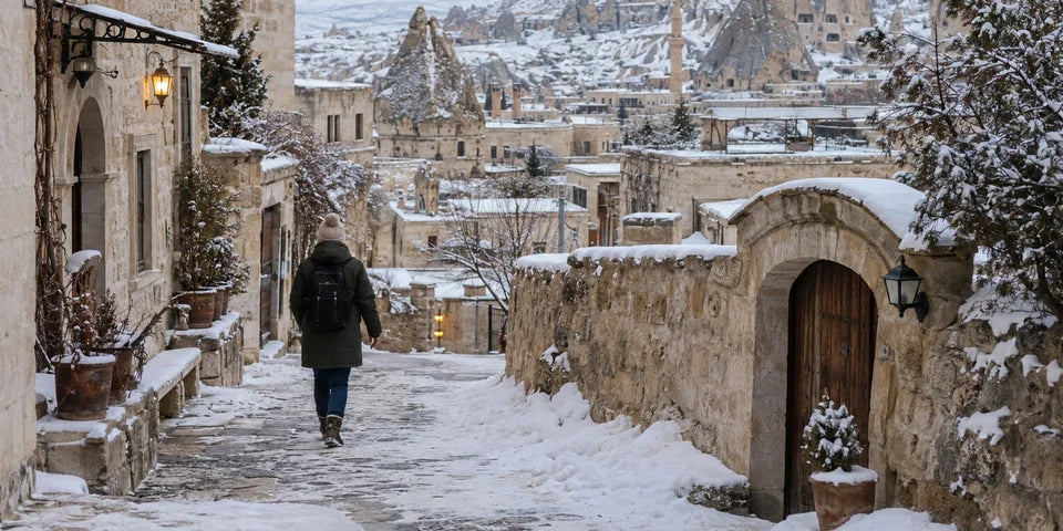 A traveler walking a snowy stone village lane in Cappadocia