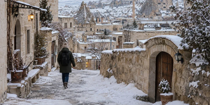Podróżny idzie ośnieżoną kamienną uliczką wsi w Cappadocia
