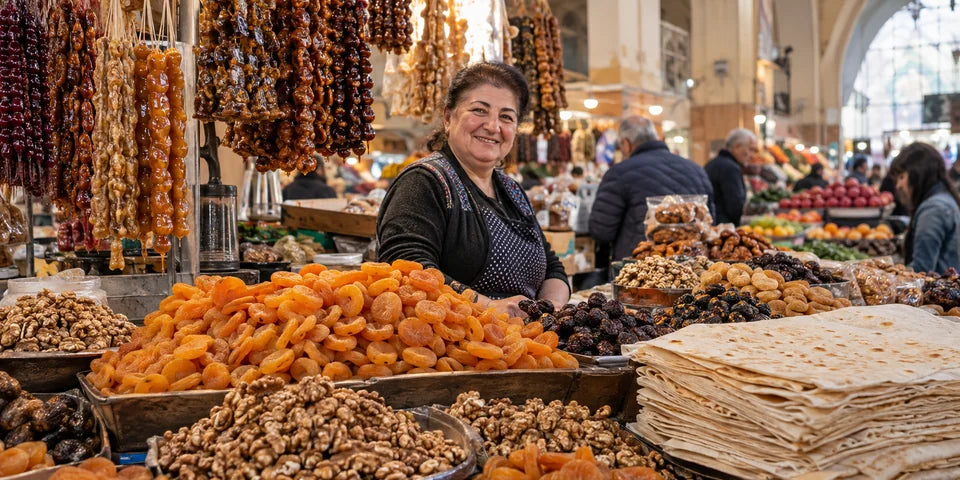 Dried apricots, nuts and lavash bread at a covered food-market stall in Yerevan