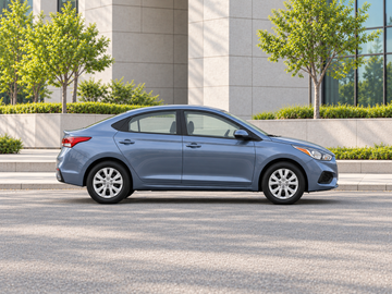 KI-generierte illustrative Darstellung: Hyundai Accent 2019, Seitenansicht auf trockenem Straßenbelag in städtischer Umgebung. Farbe und Ausstattung des tatsächlichen Fahrzeugs können abweichen.