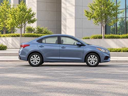 Иллюстративное изображение, созданное ИИ: Hyundai Accent 2019, вид сбоку на сухом дорожном покрытии в городской обстановке. Цвет и комплектация реального автомобиля могут отличаться.