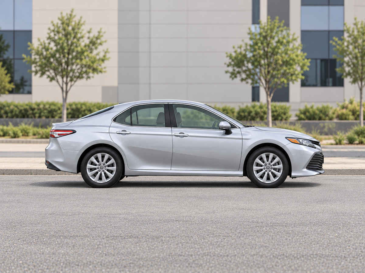 KI-generierte illustrative Darstellung: Toyota Camry 2018, 90-Grad-Seitenansicht, Front nach rechts gerichtet auf trockenem Straßenbelag in städtischer Umgebung. Farbe und Ausstattung des tatsächlichen Fahrzeugs können abweichen.