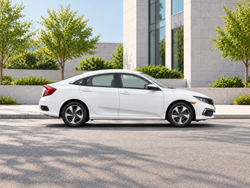 Иллюстративное изображение, созданное ИИ: Honda Civic Sedan 2019, вид сбоку на сухом дорожном покрытии в городской обстановке. Цвет и комплектация реального автомобиля могут отличаться.