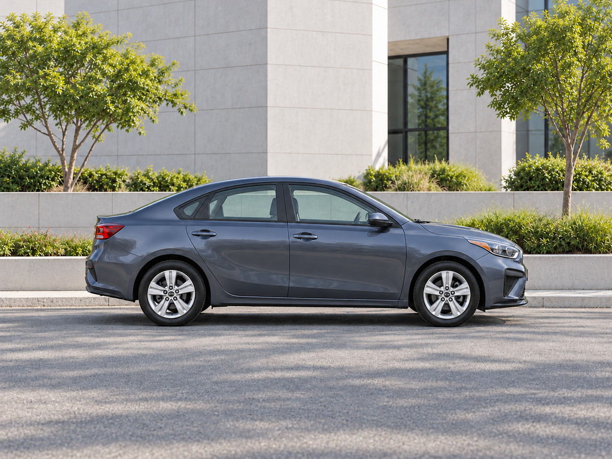 KI-generierte illustrative Darstellung: Kia Forte 2019, Seitenansicht auf trockenem Straßenbelag in städtischer Umgebung. Farbe und Ausstattung des tatsächlichen Fahrzeugs können abweichen.