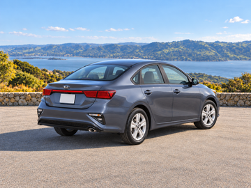 صورة توضيحية مولدة بالذكاء الاصطناعي لطراز Kia Forte 2019, منظر خلفي بزاوية ثلاثة أرباع في بيئة ذات مناظر طبيعية على سطح مرصوف جاف. قد يختلف لون السيارة الفعلية وتجهيزاتها.