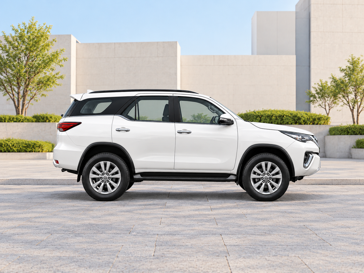 KI-generierte illustrative Darstellung: Toyota Fortuner 2018, 90-Grad-Seitenansicht nach rechts, auf trockenem Straßenbelag in städtischer Umgebung geparkt. Farbe und Ausstattung des tatsächlichen Fahrzeugs können abweichen.