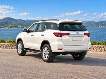 Imagen ilustrativa generada con IA de Toyota Fortuner 2018, vista trasera de tres cuartos, aparcado sobre pavimento seco en un entorno paisajístico. El color y el equipamiento del vehículo real pueden variar.
