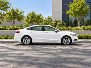 AI-generated illustrative Ford Fusion 2018, side profile in a dry paved city setting. Actual vehicle colour and equipment may vary.