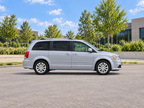KI-generierte illustrative Darstellung: Dodge Grand Caravan 2018, Seitenansicht auf trockenem Straßenbelag in städtischer Umgebung. Farbe und Ausstattung des tatsächlichen Fahrzeugs können abweichen.