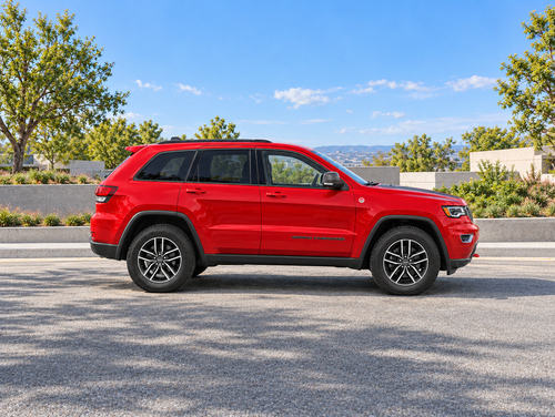 KI-generierte illustrative Darstellung: Jeep Grand Cherokee 2017, Seitenansicht auf trockenem Straßenbelag in städtischer Umgebung. Farbe und Ausstattung des tatsächlichen Fahrzeugs können abweichen.