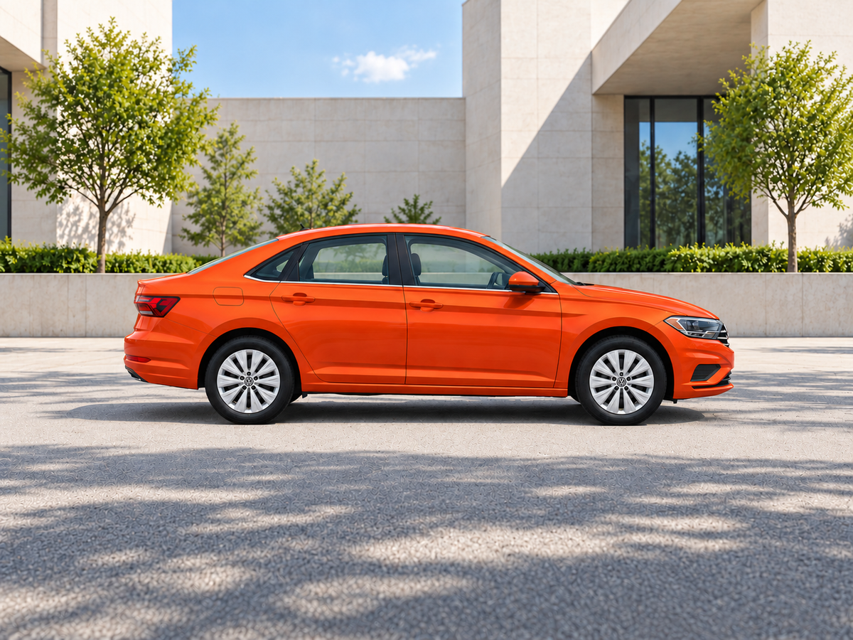 KI-generierte illustrative Darstellung: Volkswagen Jetta 2019, Seitenansicht auf trockenem Straßenbelag in städtischer Umgebung. Farbe und Ausstattung des tatsächlichen Fahrzeugs können abweichen.