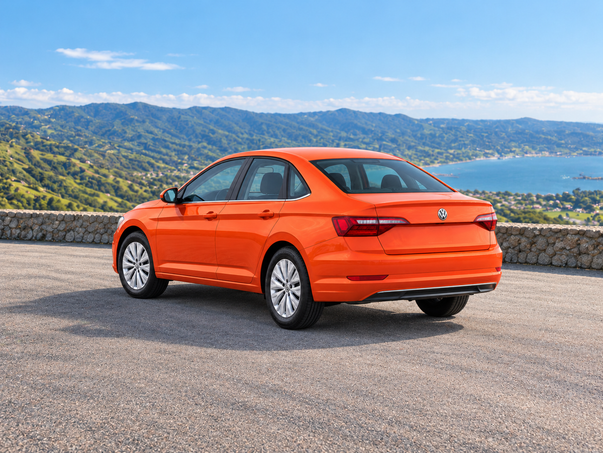KI-generierte illustrative Darstellung: Volkswagen Jetta 2019, hintere Dreiviertelansicht auf trockenem Straßenbelag in landschaftlicher Umgebung. Farbe und Ausstattung des tatsächlichen Fahrzeugs können abweichen.
