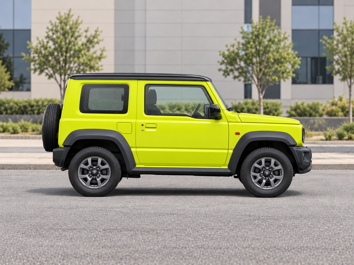KI-generierte illustrative Darstellung: Suzuki Jimny 2019, 90-Grad-Seitenansicht nach rechts, auf trockenem Straßenbelag in städtischer Umgebung geparkt. Farbe und Ausstattung des tatsächlichen Fahrzeugs können abweichen.