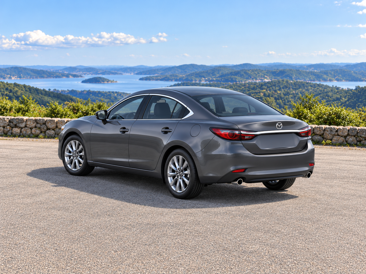 KI-generierte illustrative Darstellung: Mazda6 2018, hintere Dreiviertelansicht auf trockenem Straßenbelag in landschaftlicher Umgebung. Farbe und Ausstattung des tatsächlichen Fahrzeugs können abweichen.