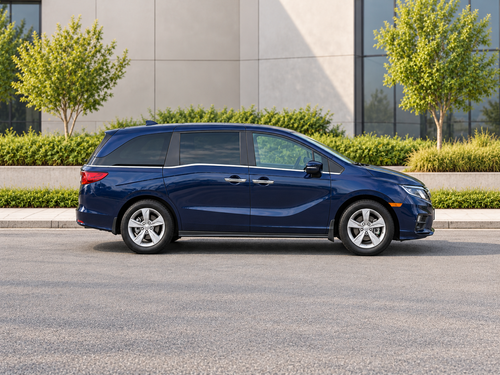 Иллюстративное изображение, созданное ИИ: Honda Odyssey 2018, вид сбоку под углом 90 градусов, передняя часть направлена вправо на сухом дорожном покрытии в городской обстановке. Цвет и комплектация реального автомобиля могут отличаться.
