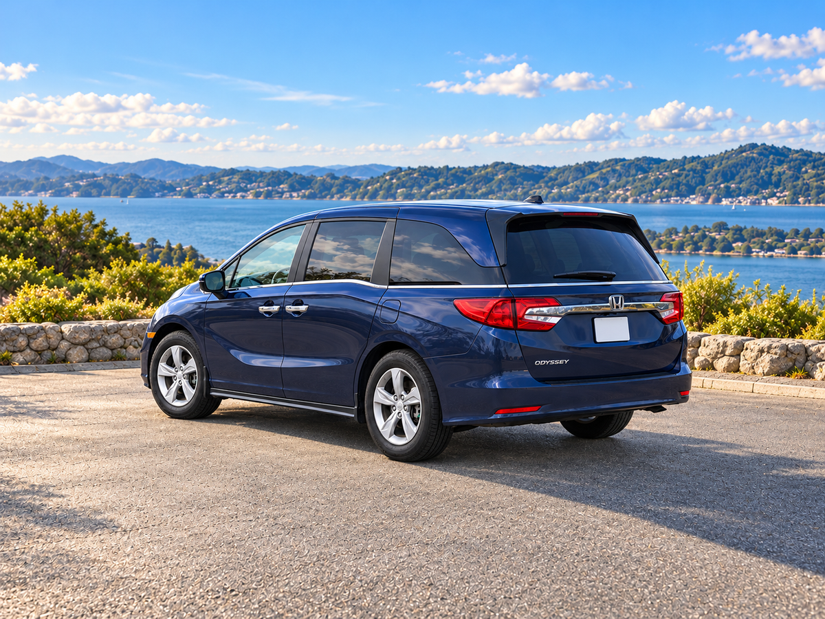 KI-generierte illustrative Darstellung: Honda Odyssey 2018, hintere Dreiviertelansicht von der Fahrerseite auf trockenem Straßenbelag in landschaftlicher Umgebung. Farbe und Ausstattung des tatsächlichen Fahrzeugs können abweichen.