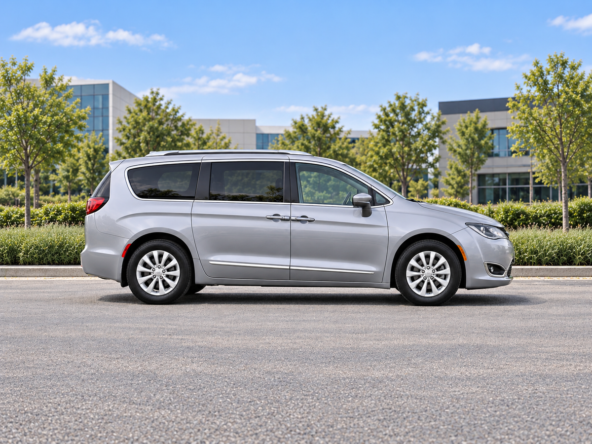 KI-generierte illustrative Darstellung: Chrysler Pacifica 2018, Seitenansicht auf trockenem Straßenbelag in städtischer Umgebung. Farbe und Ausstattung des tatsächlichen Fahrzeugs können abweichen.