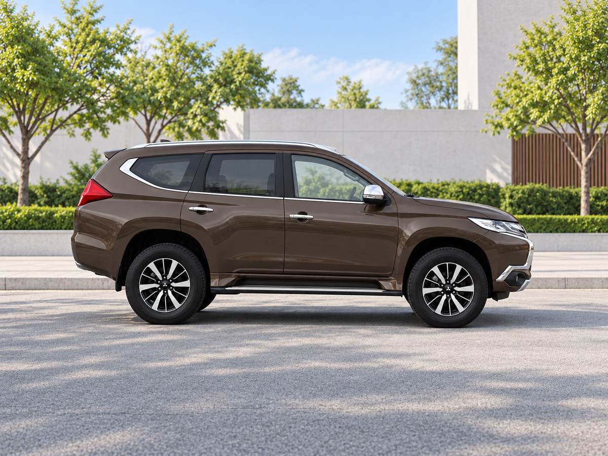 KI-generierte illustrative Darstellung: Mitsubishi Pajero Sport 2019, 90-Grad-Seitenansicht nach rechts, auf trockenem Straßenbelag in städtischer Umgebung geparkt. Farbe und Ausstattung des tatsächlichen Fahrzeugs können abweichen.