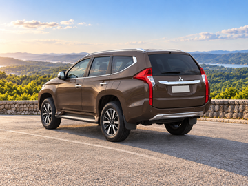 Imagen ilustrativa generada con IA de Mitsubishi Pajero Sport 2019, vista trasera de tres cuartos, aparcado sobre pavimento seco en un entorno paisajístico. El color y el equipamiento del vehículo real pueden variar.