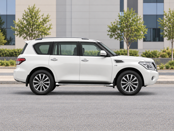 Imagen ilustrativa generada con IA de Nissan Patrol (Y62) 2018, perfil lateral de 90 grados hacia la derecha, aparcado sobre pavimento seco en un entorno urbano. El color y el equipamiento del vehículo real pueden variar.