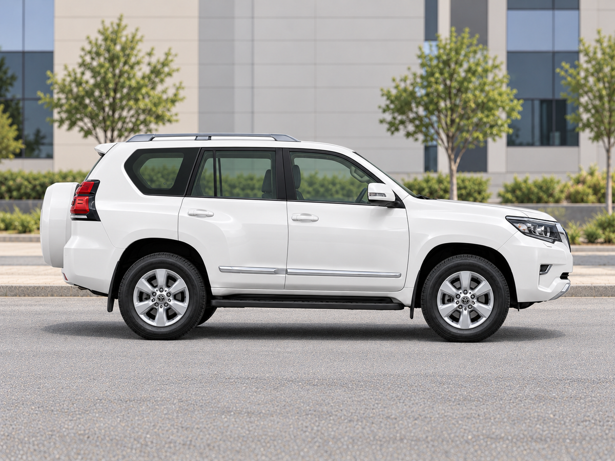 KI-generierte illustrative Darstellung: Toyota Land Cruiser Prado (J150) 2018, 90-Grad-Seitenansicht nach rechts, auf trockenem Straßenbelag in städtischer Umgebung geparkt. Farbe und Ausstattung des tatsächlichen Fahrzeugs können abweichen.