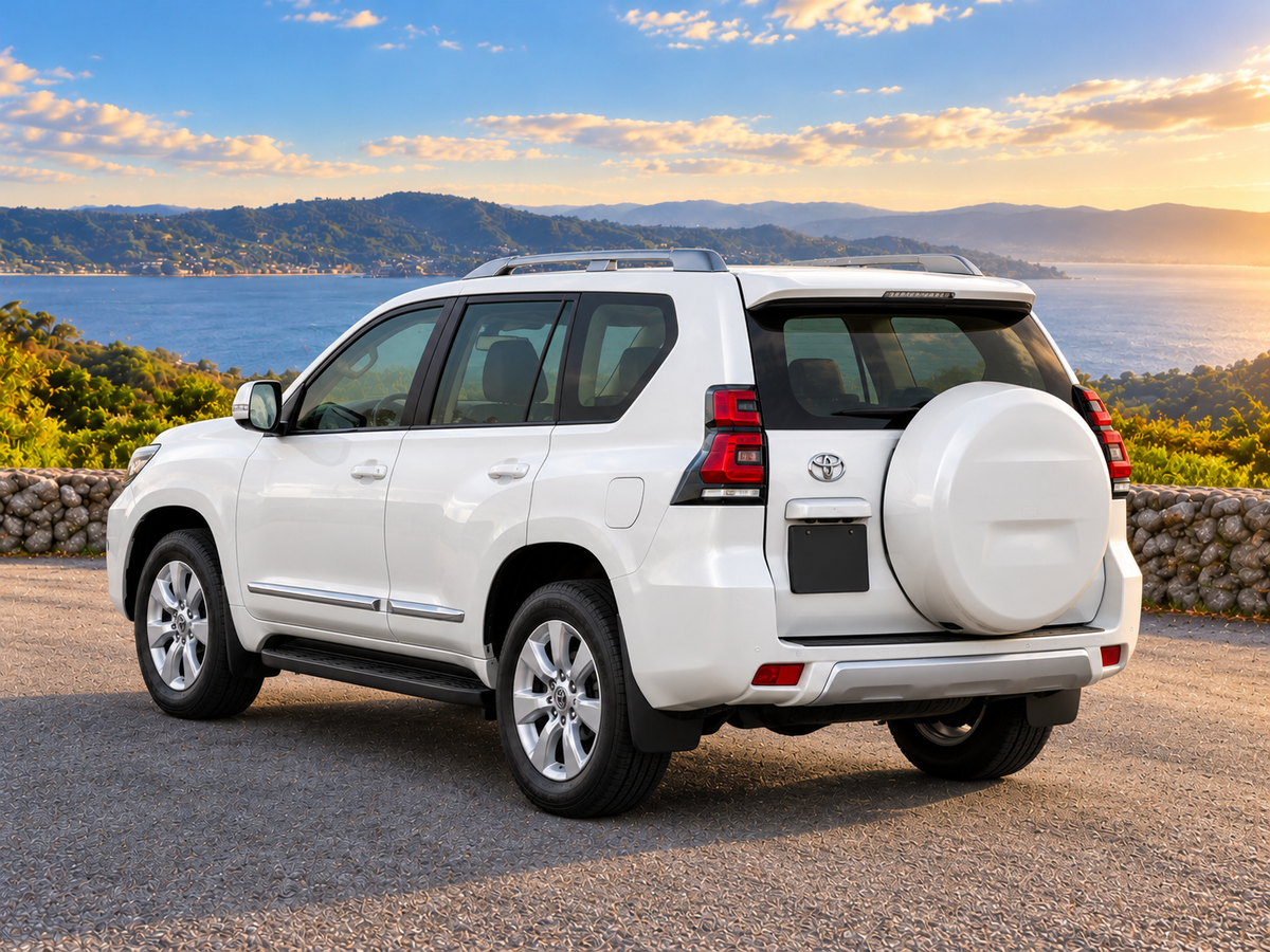 KI-generierte illustrative Darstellung: Toyota Land Cruiser Prado (J150) 2018, hintere Dreiviertelansicht, auf trockenem Straßenbelag in landschaftlicher Umgebung geparkt. Farbe und Ausstattung des tatsächlichen Fahrzeugs können abweichen.