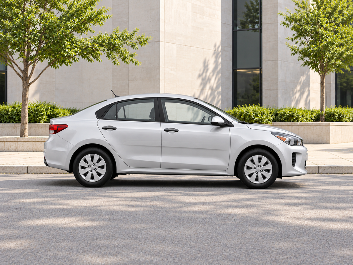 KI-generierte illustrative Darstellung: Kia Rio 2019, Seitenansicht auf trockenem Straßenbelag in städtischer Umgebung. Farbe und Ausstattung des tatsächlichen Fahrzeugs können abweichen.