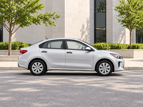 Иллюстративное изображение, созданное ИИ: Kia Rio 2019, вид сбоку на сухом дорожном покрытии в городской обстановке. Цвет и комплектация реального автомобиля могут отличаться.