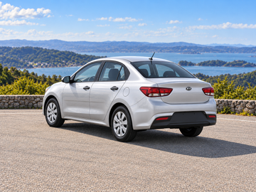AI-generated illustrative Kia Rio 2019, rear three-quarter in a dry paved scenic setting. Actual vehicle colour and equipment may vary.