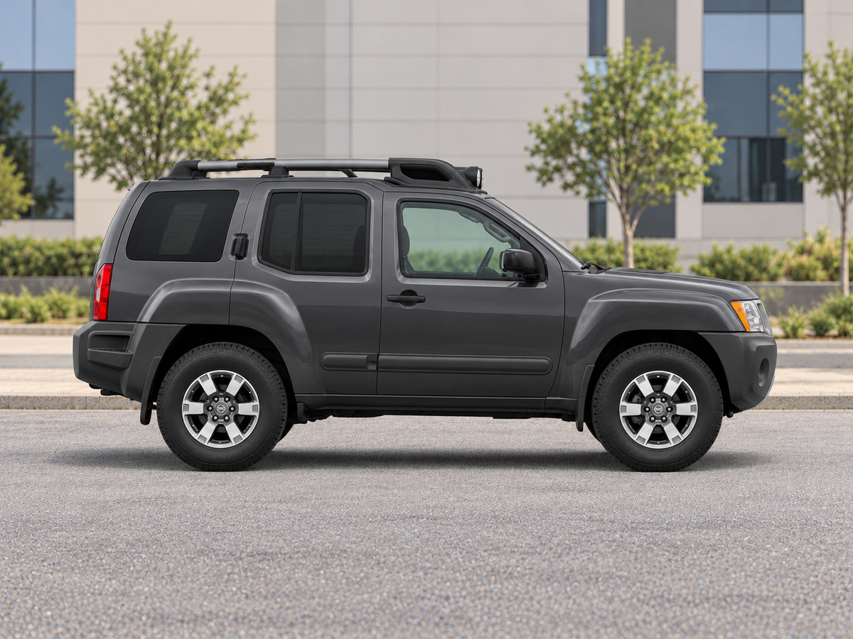 KI-generierte illustrative Darstellung: Nissan Xterra 2015, 90-Grad-Seitenansicht nach rechts, auf trockenem Straßenbelag in städtischer Umgebung geparkt. Farbe und Ausstattung des tatsächlichen Fahrzeugs können abweichen.